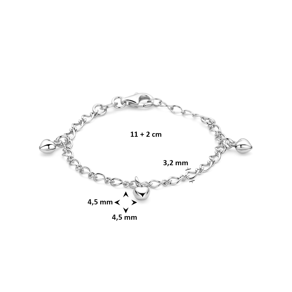 Zilveren armband 3 hartjes | 11+2cm