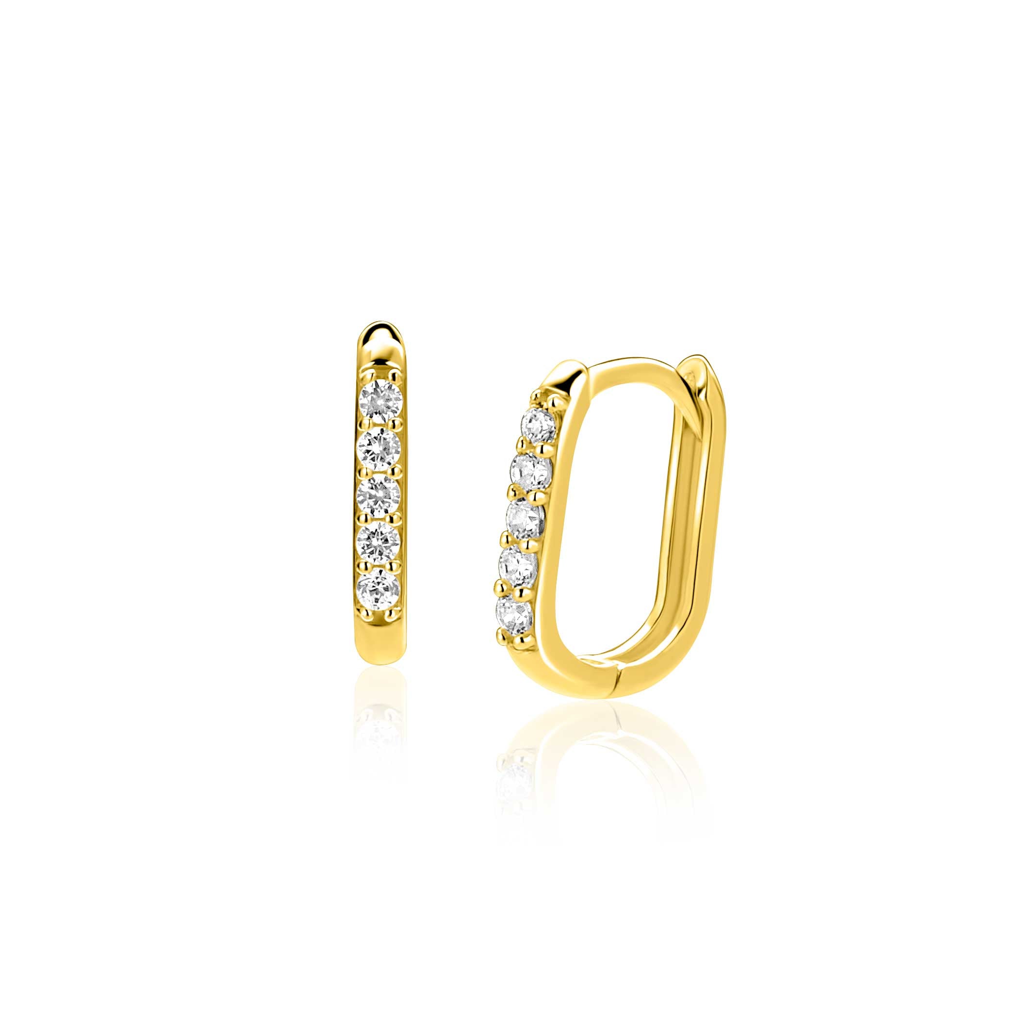 12mm ZINZI Gold 14krt gouden oorringen rechthoekig model bezet met witte zirconia's met luxe klapsluiting 12mm x 1,9mm ZGO564