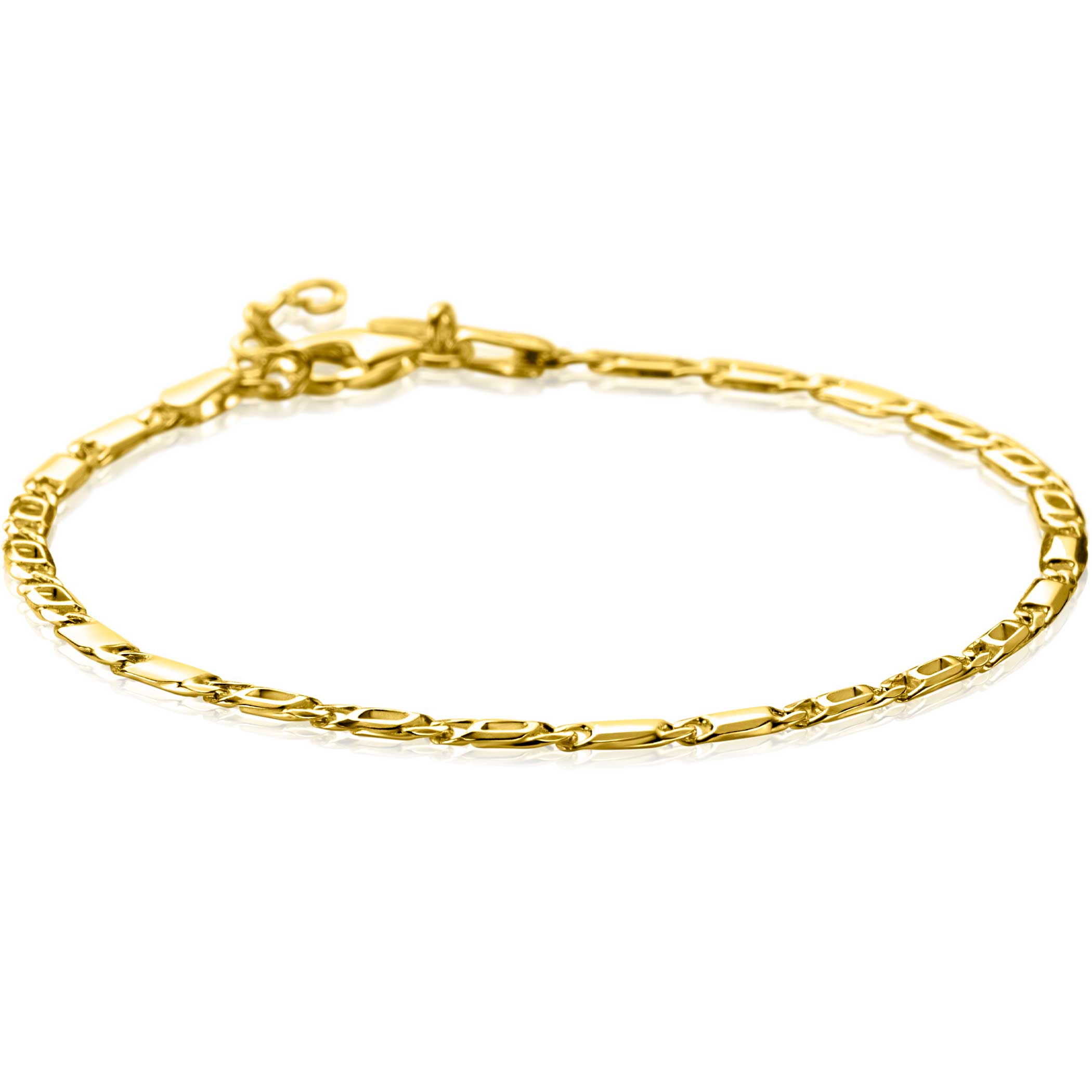 ZINZI Gold 14 karaat gouden massieve armband met valkenoog schakels en glimmende plaatjes 2.6mm breed 17-19cm ZGA499