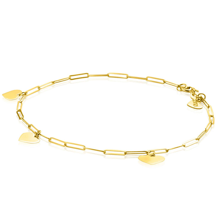 ZINZI Gold 14 krt gouden armband met trendy paperclip schakels 1.8mm breed met drie gladde harten. lengte 19cm ZGA342