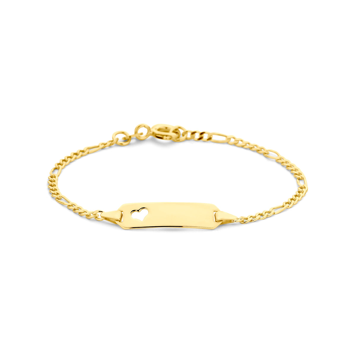14krt geelgouden graveerarmband figaro hart plaat 5,0mm | 11-13cm