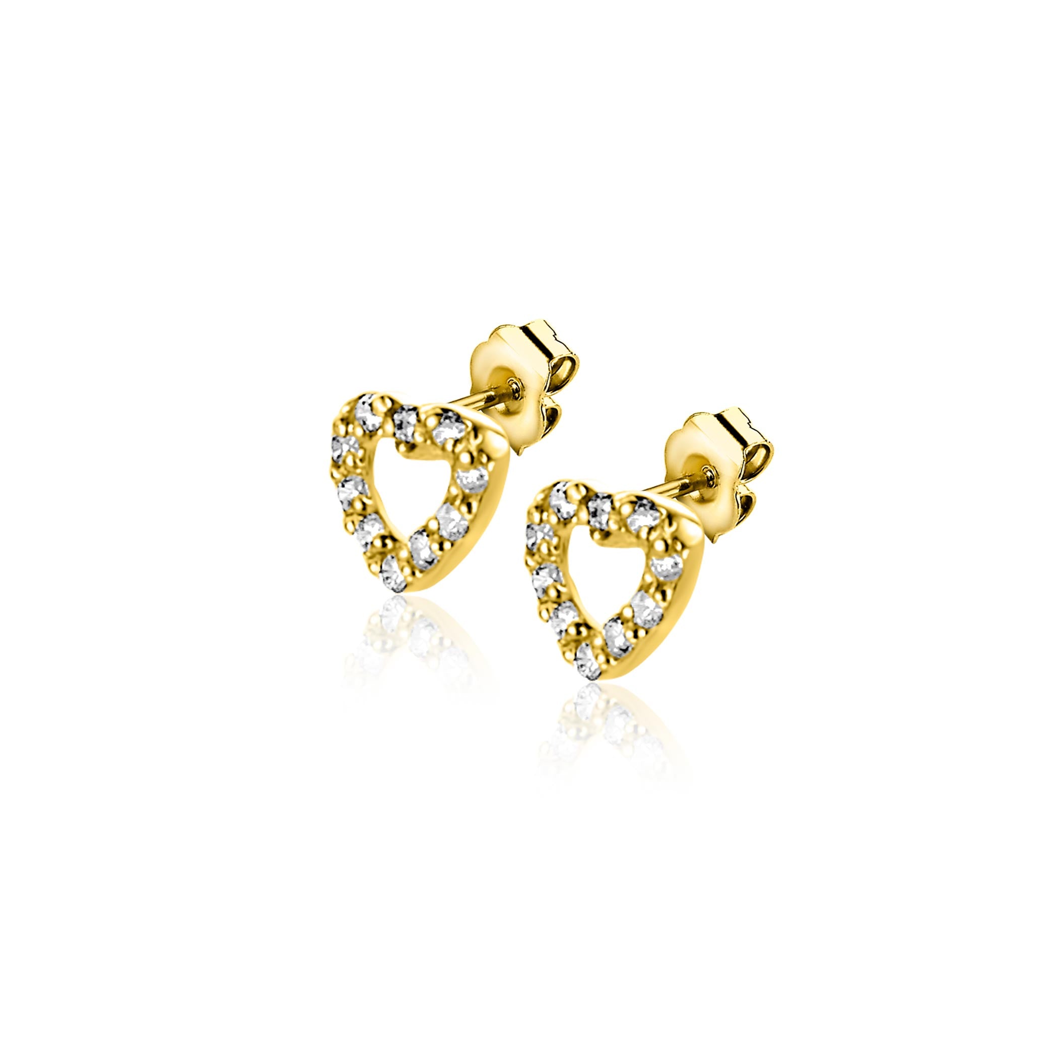 5mm ZINZI Gold 14 krt gouden oorknoppen open hartje bezet met witte zirkonia's ZGO551