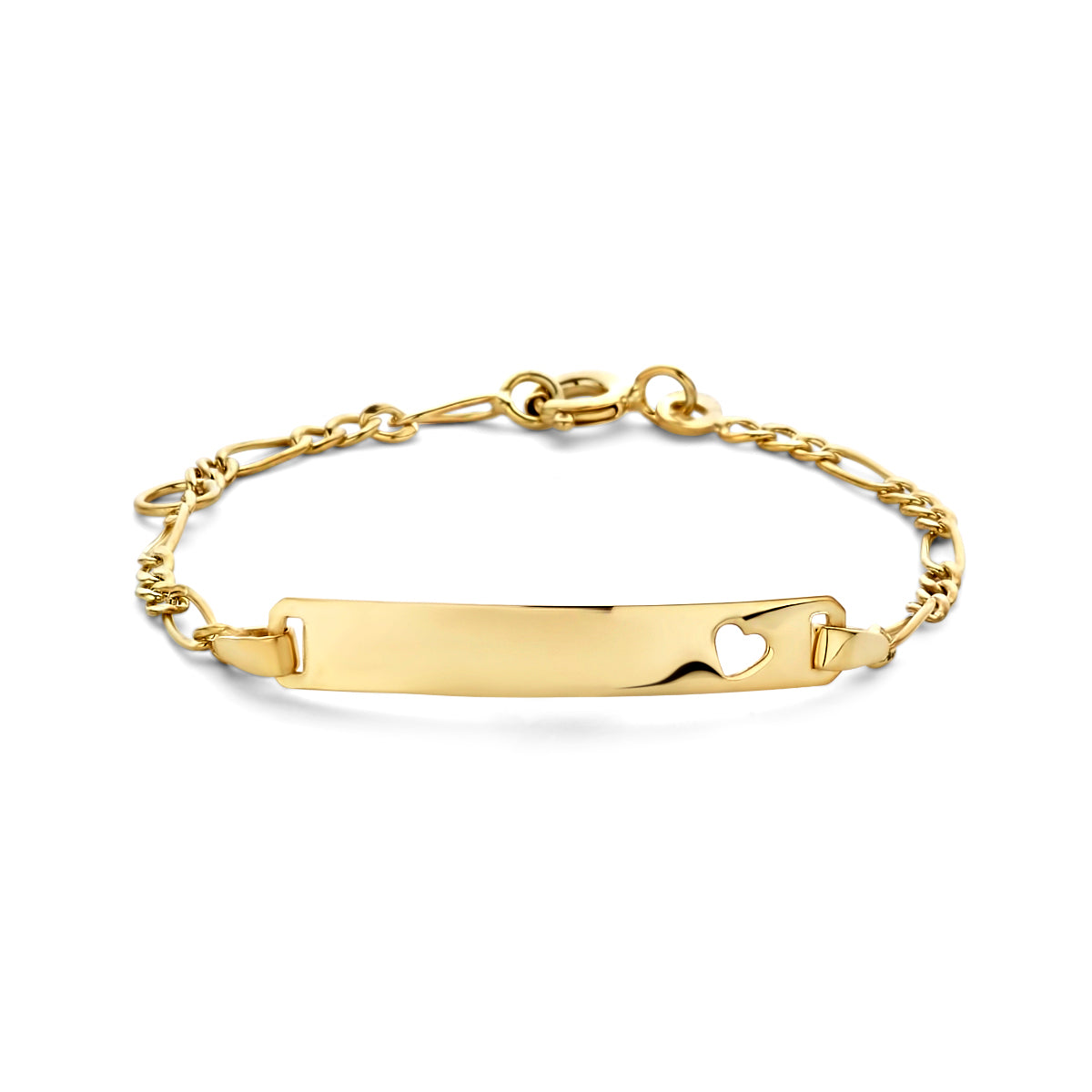 9krt geelgouden graveerarmband figaro hart plaat 4mm | 11-13cm