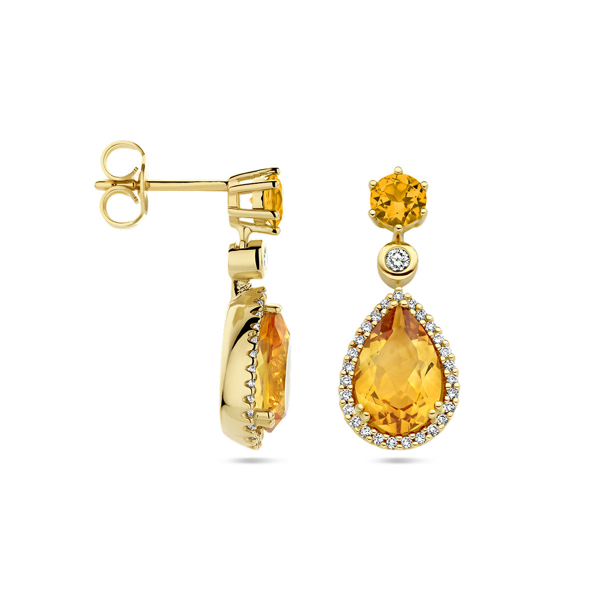 14krt geelgouden oorhangers citrien en diamant 0.19ct