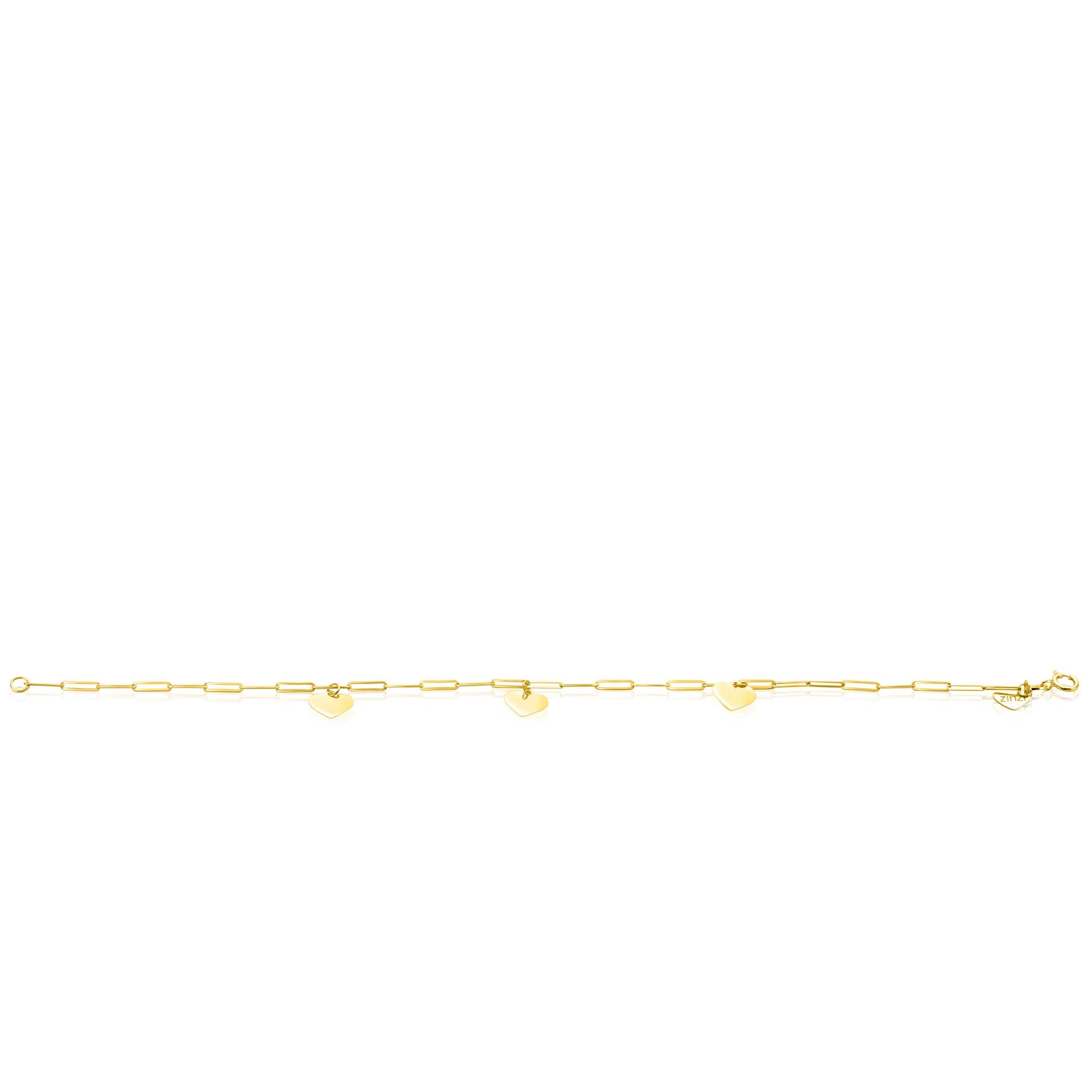 ZINZI Gold 14 krt gouden armband met trendy paperclip schakels 1.8mm breed met drie gladde harten. lengte 19cm ZGA342