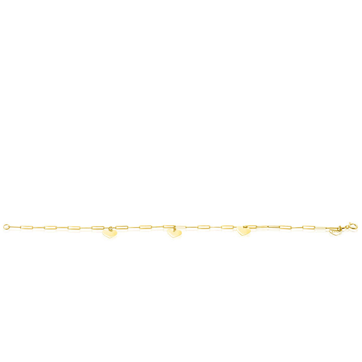 ZINZI Gold 14 krt gouden armband met trendy paperclip schakels 1.8mm breed met drie gladde harten. lengte 19cm ZGA342