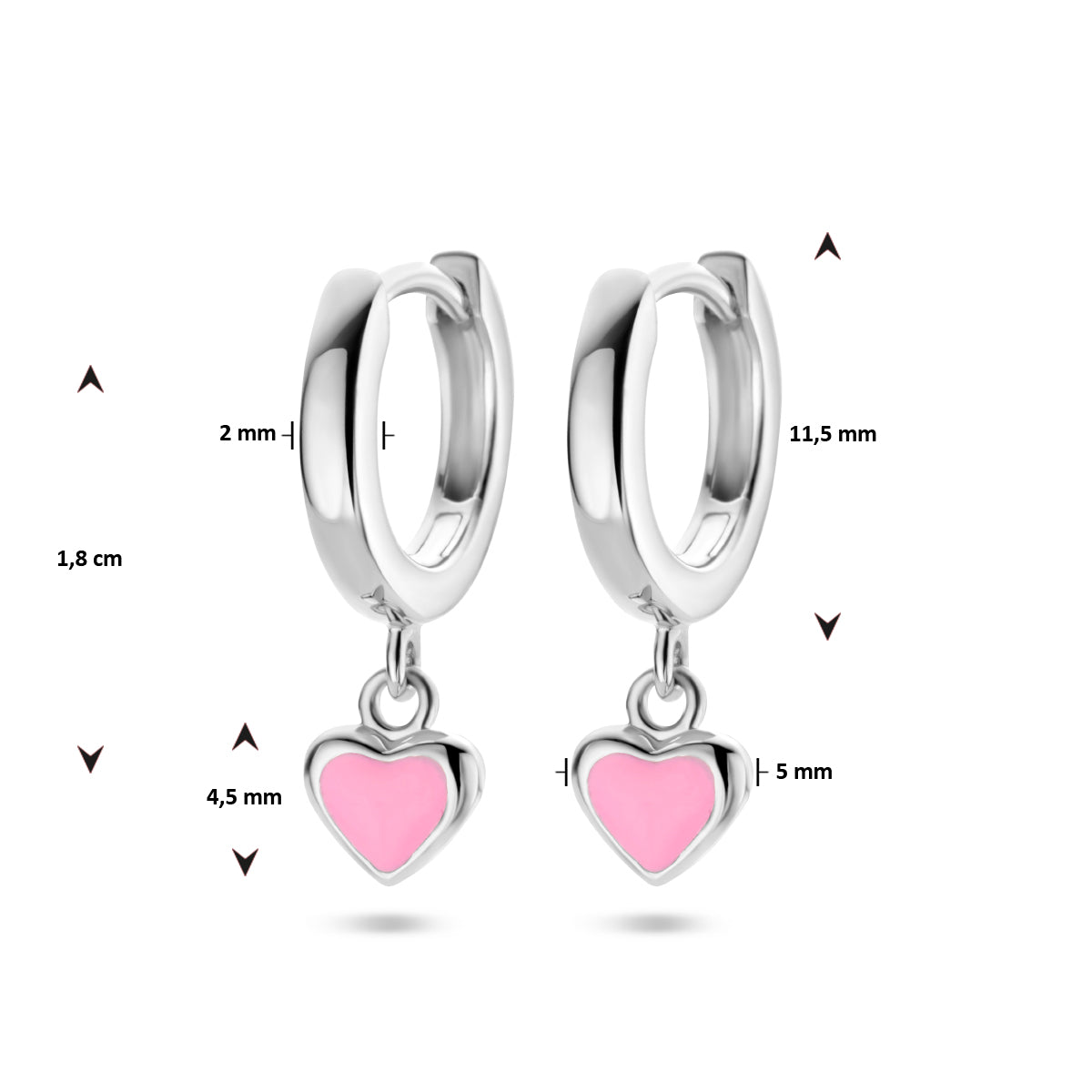 Zilveren klapoorringen met een roze hartje | 11,5x2mm