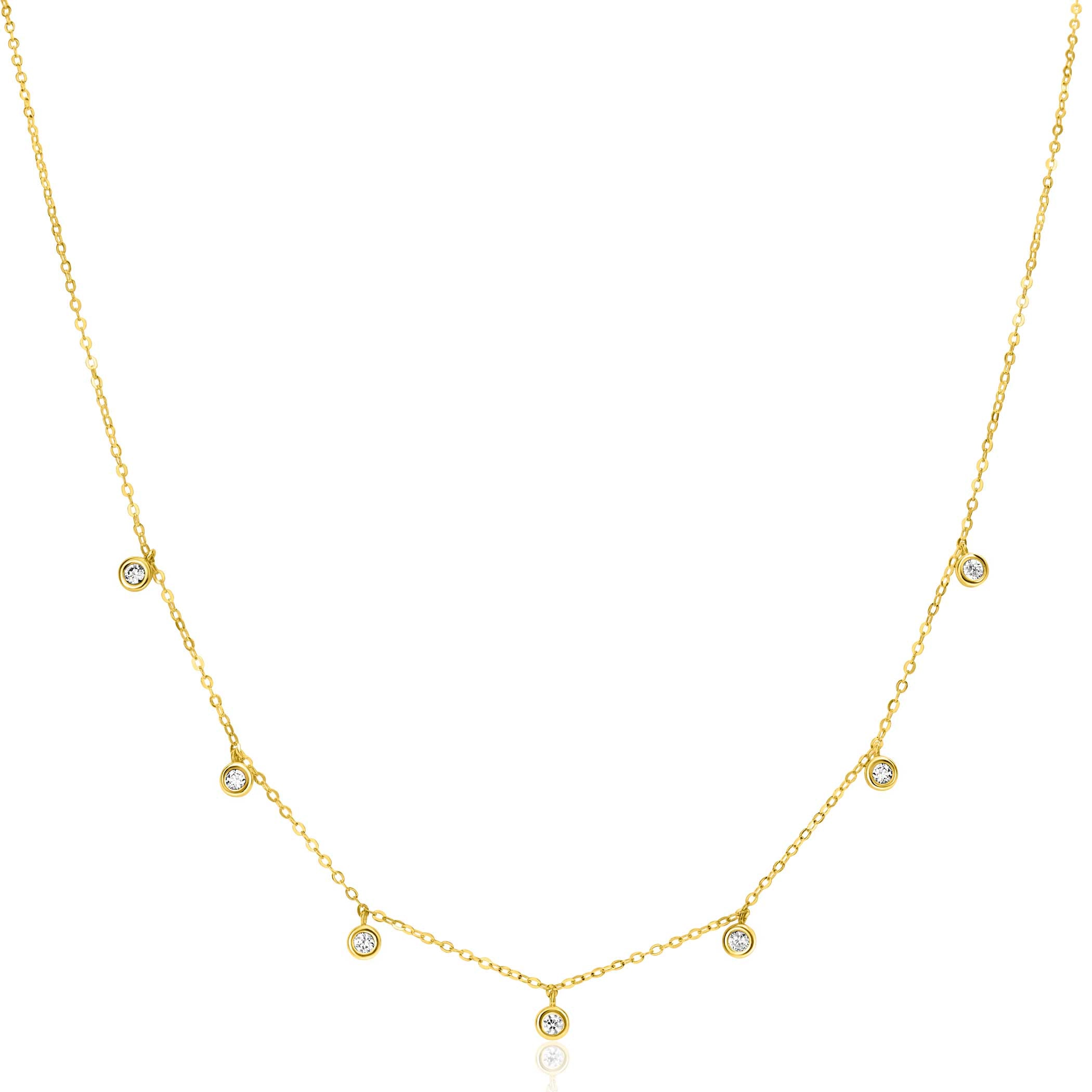 ZINZI Gold 14 krt gouden anker ketting met zeven ronde hangertjes. bezet met witte zirconia's 40-43cm ZGC451