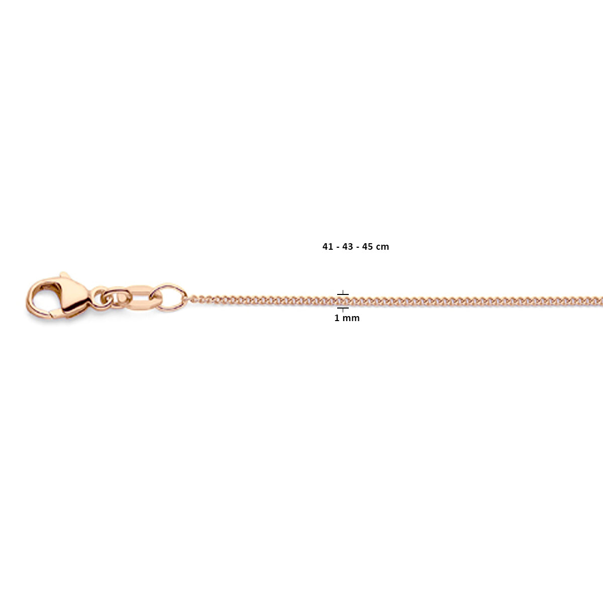 14krt rosé gouden collier gourmette 4-zijdes geslepen 1,0 mm - 41-43-45cm