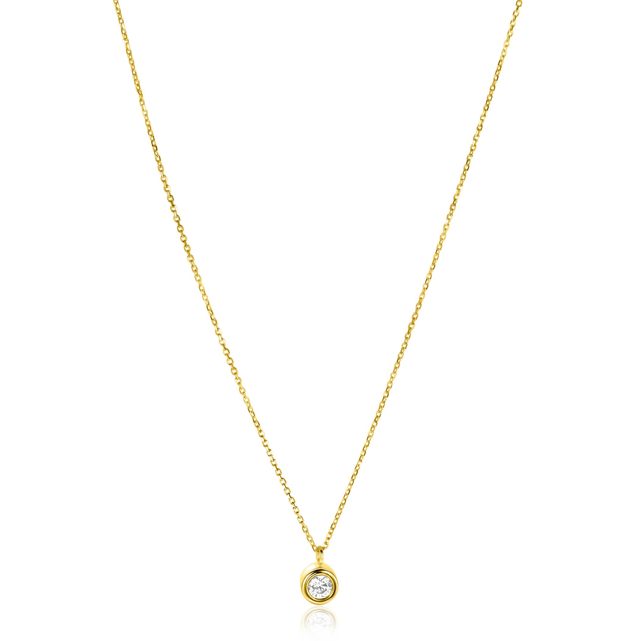 ZINZI Gold 14 krt gouden schakelkettinkje 43cm met sierlijke ronde hanger. bezet met witte zirconia ZGC371