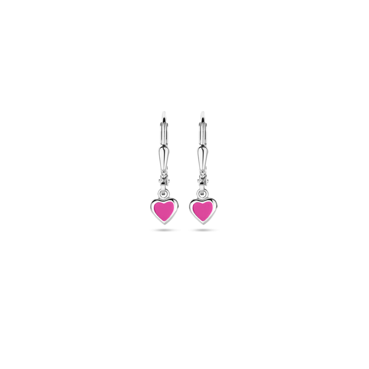 Zilveren oorhangers kind met roze emaille hart | 19 mm