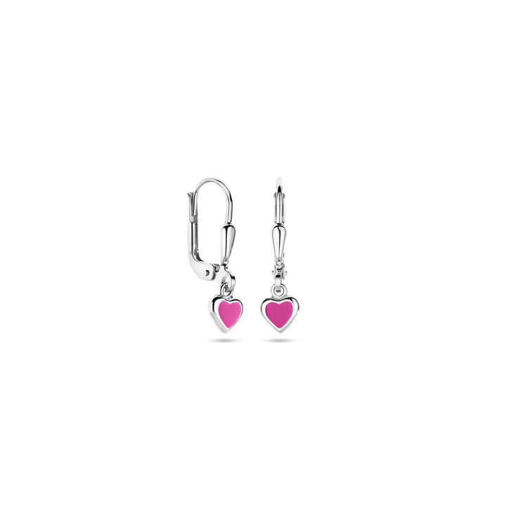 Zilveren oorhangers kind met roze emaille hart | 19 mm