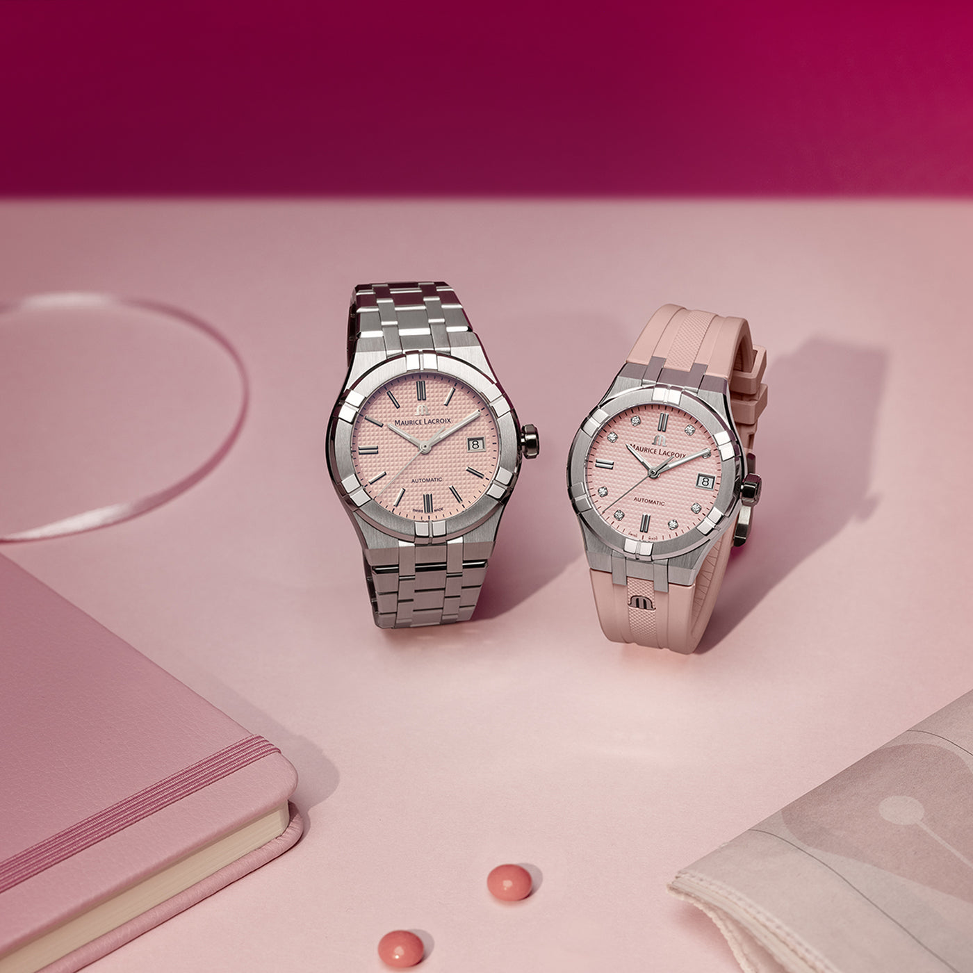 MAURICE LACROIX AIKON AUTOMATIC DATE 35MM PINK SET LIMITED EDITION 888PCS AI6006-SS00F-550-E