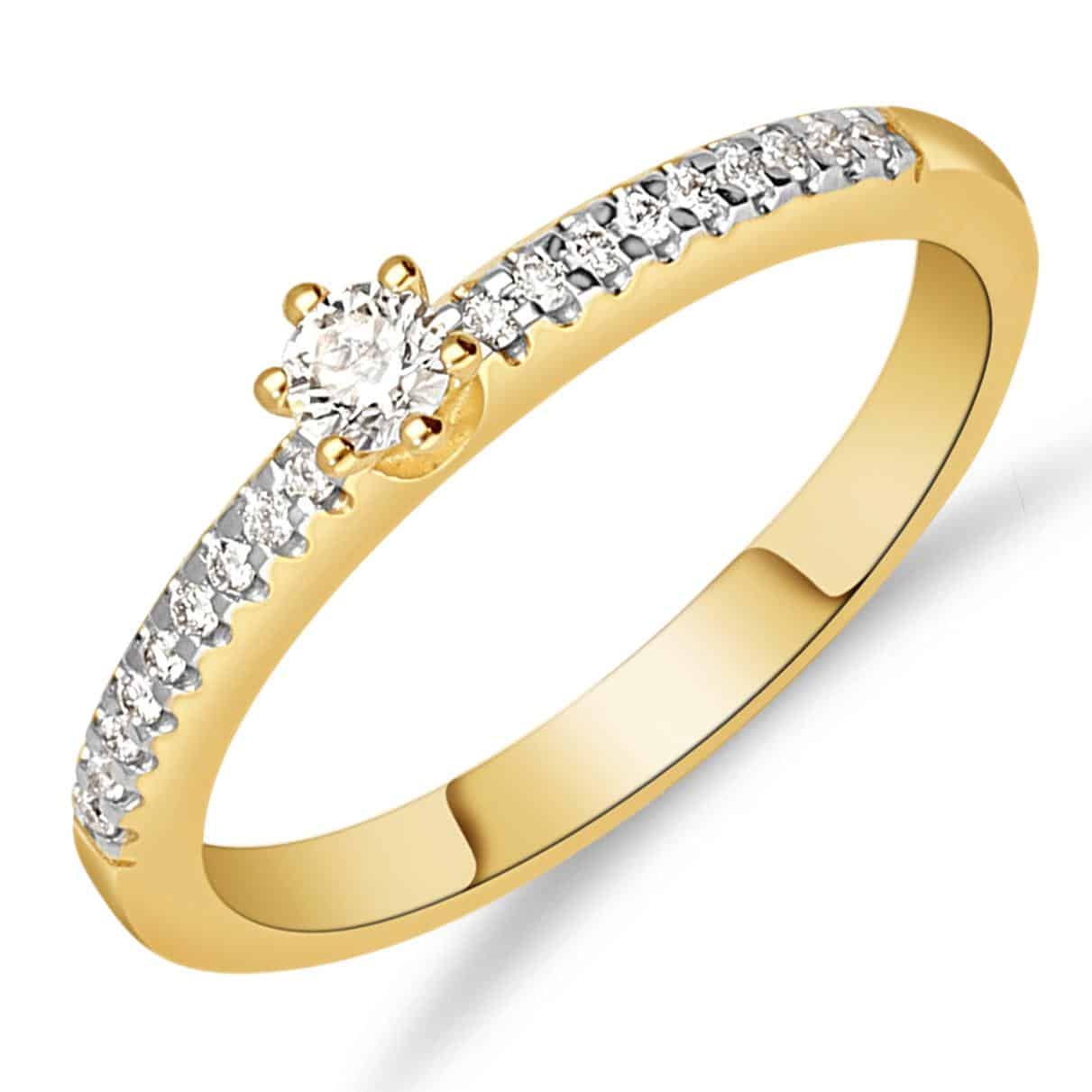 14krt geelgouden ring met briljant 1-0.09ct en 18-0.11ct GSI