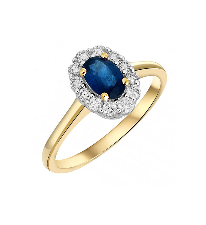 14krt geelgouden ring met 0.55 blauwe saffier en briljant 12-0.25ct HSI