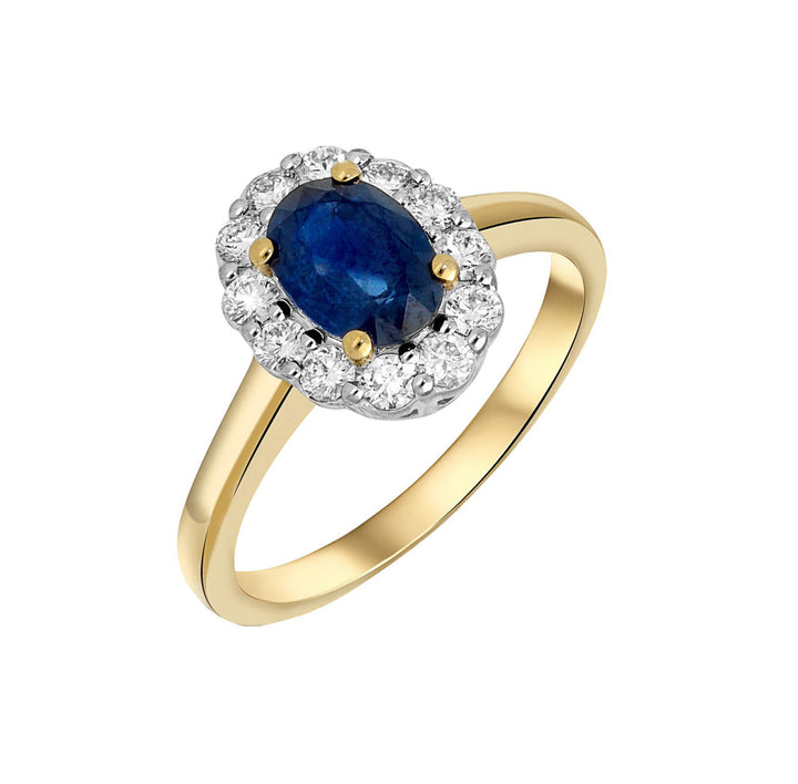 14krt geelgouden ring met 0.90 blauwe saffier en briljant 12-0.35ct HSI