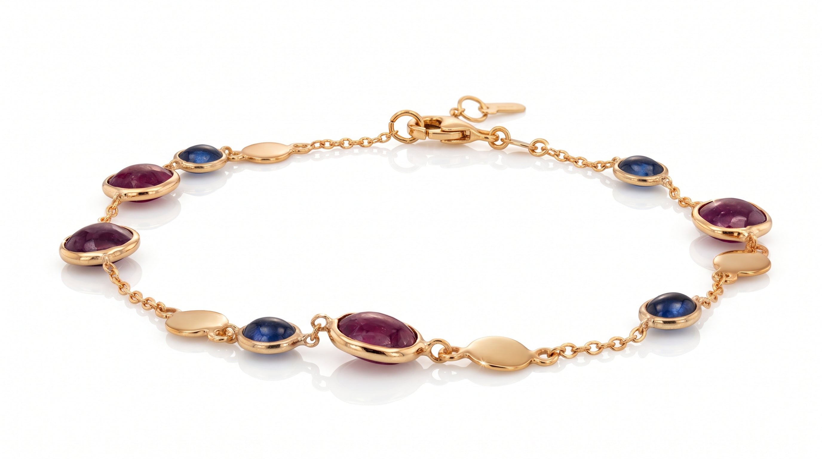 Monzario - 14krt geelgouden armband met blauw en rood korund | 19cm