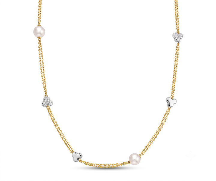 18krt bicolor gouden collier met 13-0.20ct briljant & zoetwaterparels | 42cm