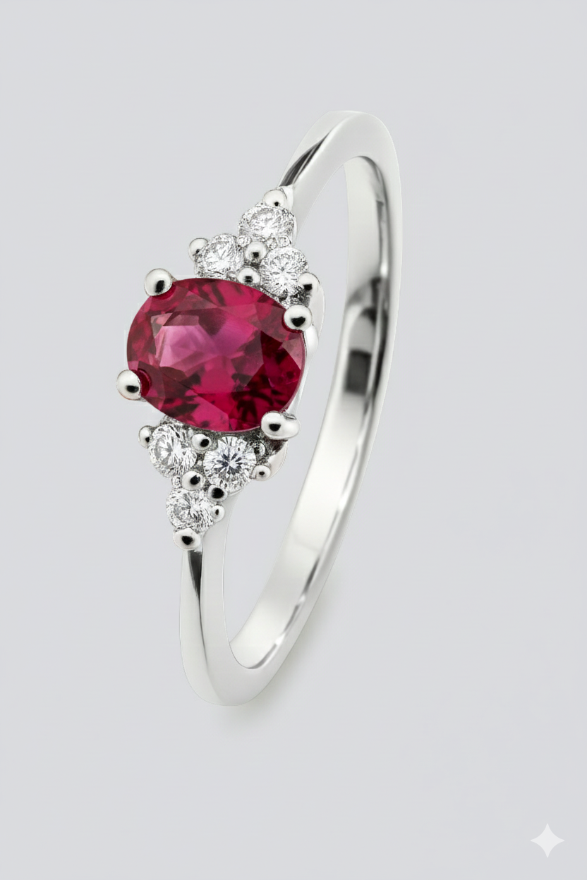 14krt witgouden ring met robijn en diamant 6-0.08ct HSI | 5x4mm