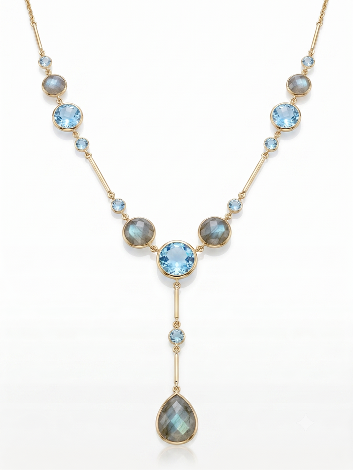 14krt geelgouden collier met london blue topaas en labradorite | 42cm