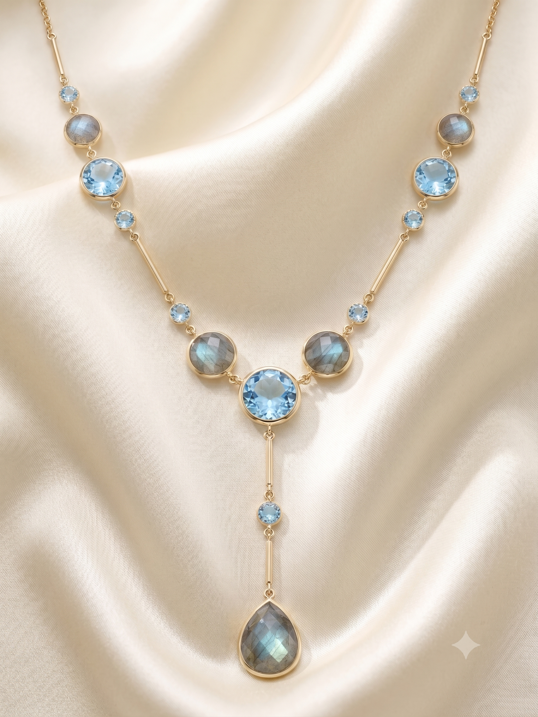 14krt geelgouden collier met london blue topaas en labradorite | 42cm