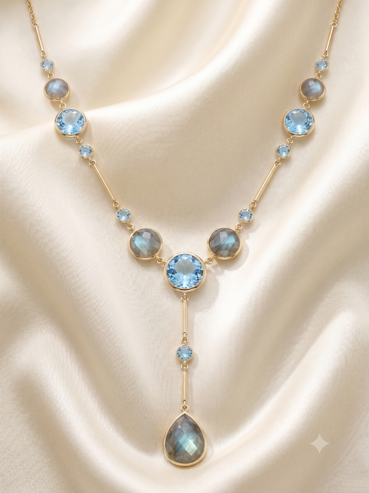 14krt geelgouden collier met london blue topaas en labradorite | 42cm