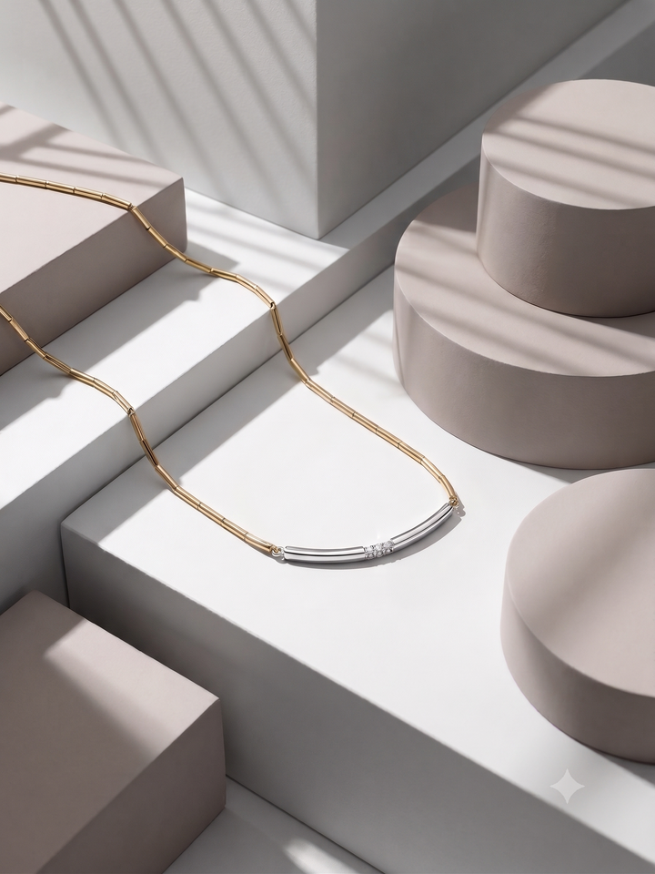 14krt bicolorgouden collier met briljant 3-0.09ct TW/VS | 45cm