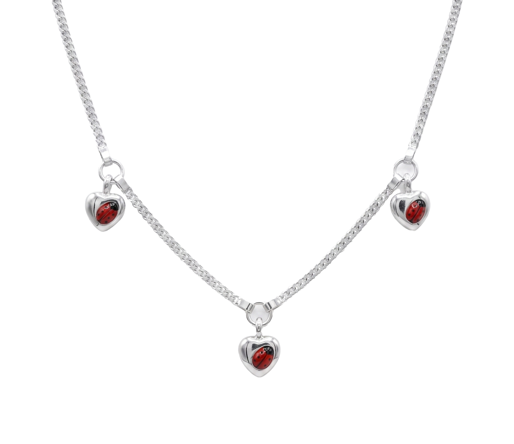 Zilveren collier met 3 bedels hart en lieveheersbeestje | 36-38cm