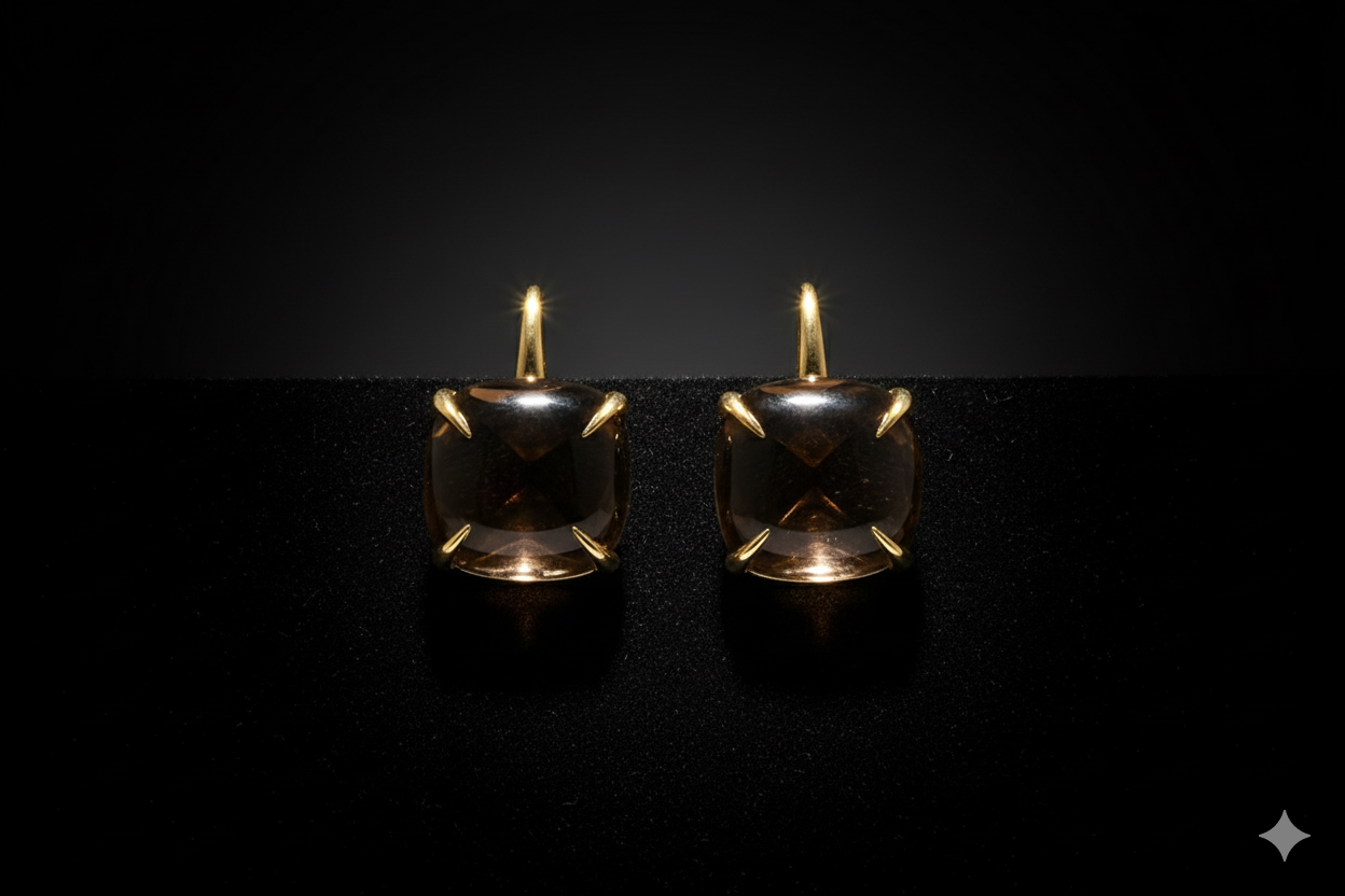 14krt geelgouden oorhangers met rookkwarts | 11x11mm