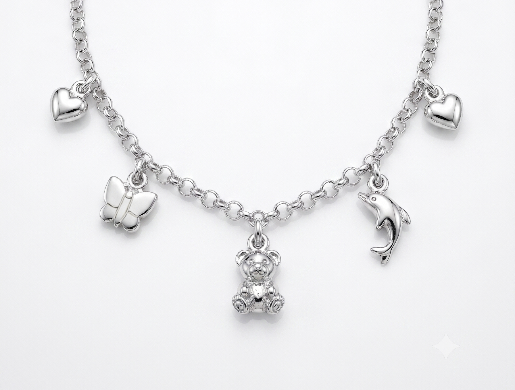 Zilveren collier met hart, beer, vlinder en dolfijn bedel | 42cm
