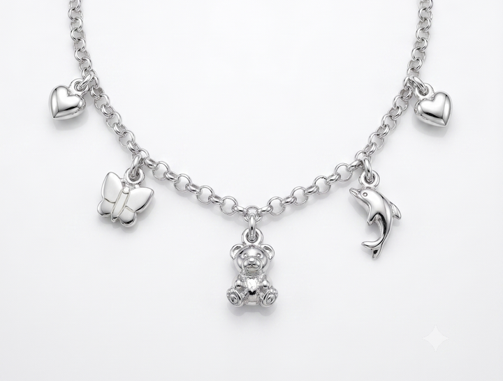 Zilveren collier met hart, beer, vlinder en dolfijn bedel | 42cm