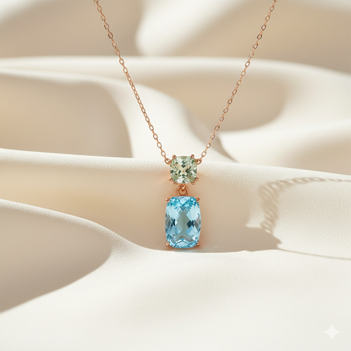 9krt roségouden collier met groene amethyst en blauw topaas | 45cm