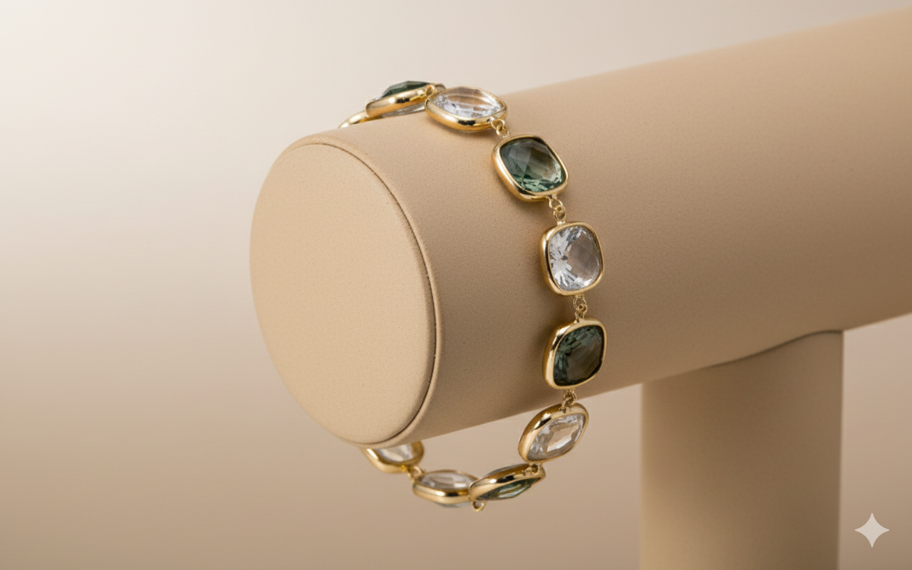 14krt geelgouden armband met groene amethist en toermalijn 9mm | 19cm