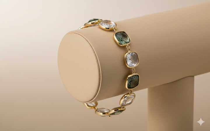 14krt geelgouden armband met groene amethist en toermalijn 9mm | 19cm