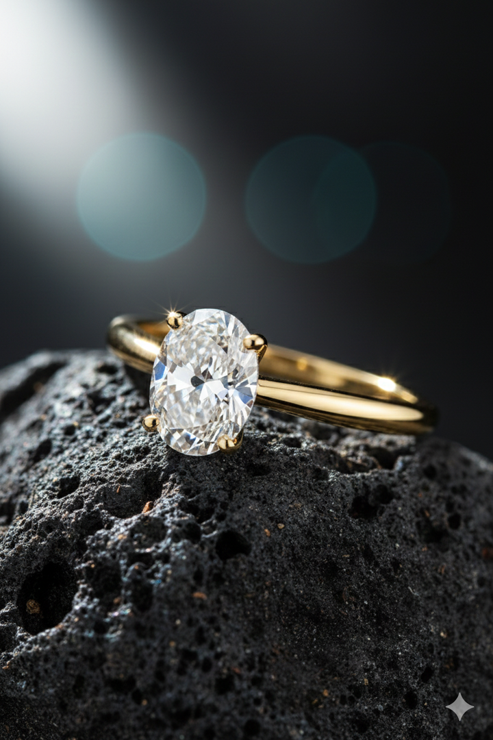14krt geelgouden ring met Lab grown diamant 0.50ct DVS1 ovaal & 10-0.05ct GSI