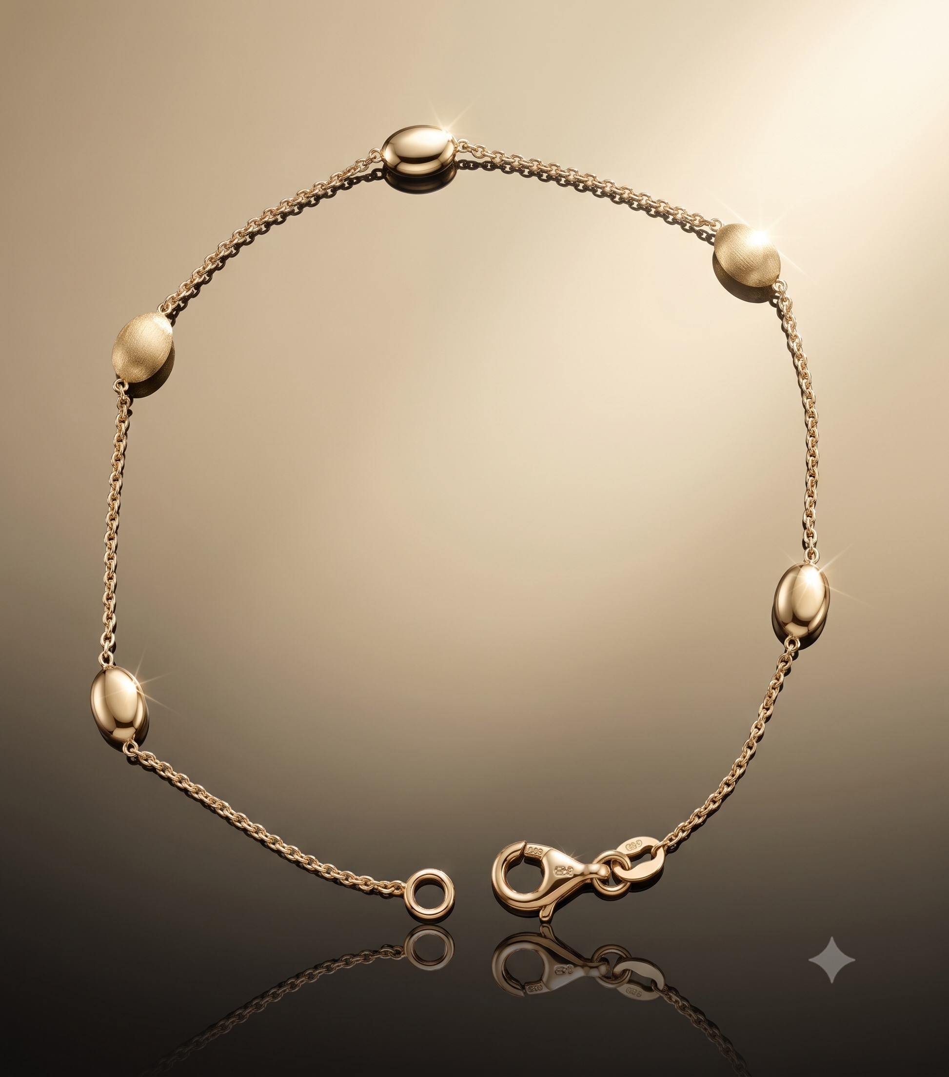 14krt geelgouden armband met 4x6mm bollen mat/poli | 19cm