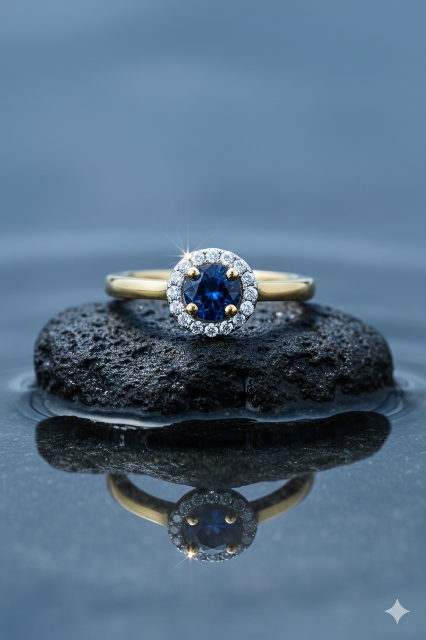 14krt geelgouden ring met 0.24 blauw saffier en diamant 17-0.05ct HSI