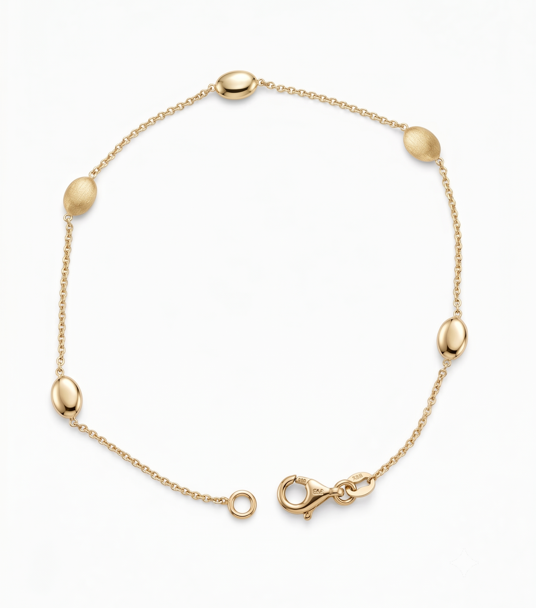14krt geelgouden armband met 4x6mm bollen mat/poli | 19cm