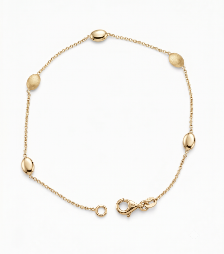 14krt geelgouden armband met 4x6mm bollen mat/poli | 19cm