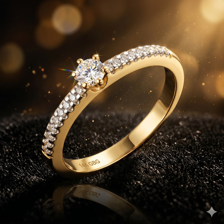 14krt geelgouden ring met briljant 1-0.09ct en 18-0.11ct GSI