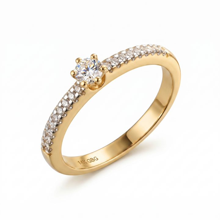 14krt geelgouden ring met briljant 1-0.09ct en 18-0.11ct GSI