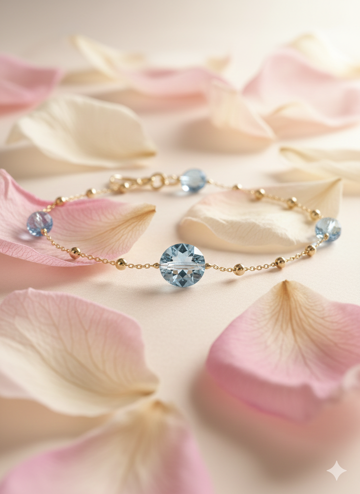 14krt geelgouden armband met blauw topaas | 19cm