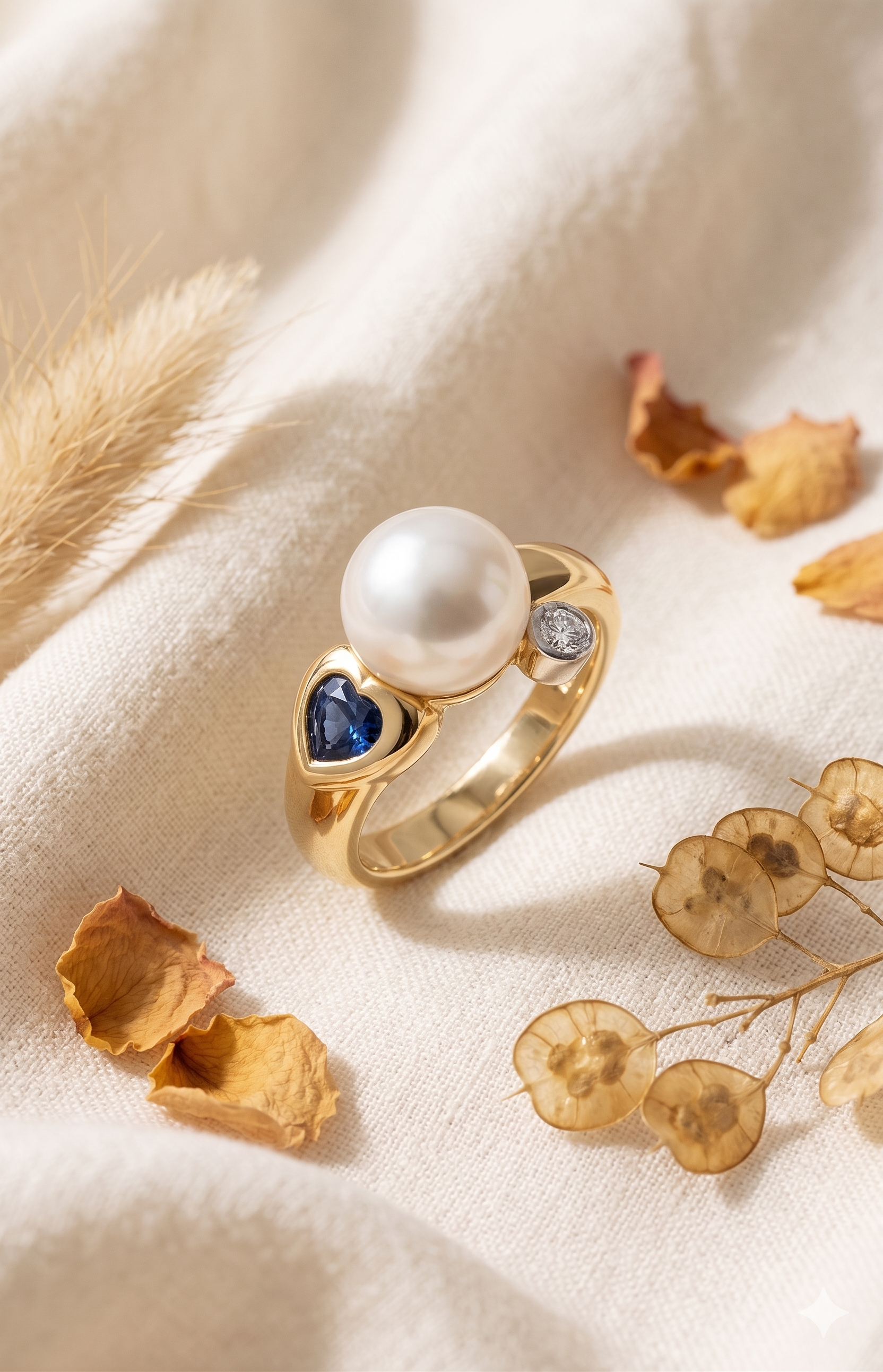 14krt geelgouden ring met zoetwaterparel, blauw saffier en diamant 0.04ct HSI| mt 54