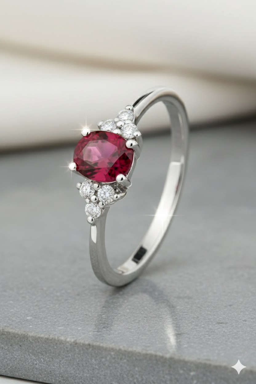 14krt witgouden ring met robijn en diamant 6-0.08ct HSI | 5x4mm