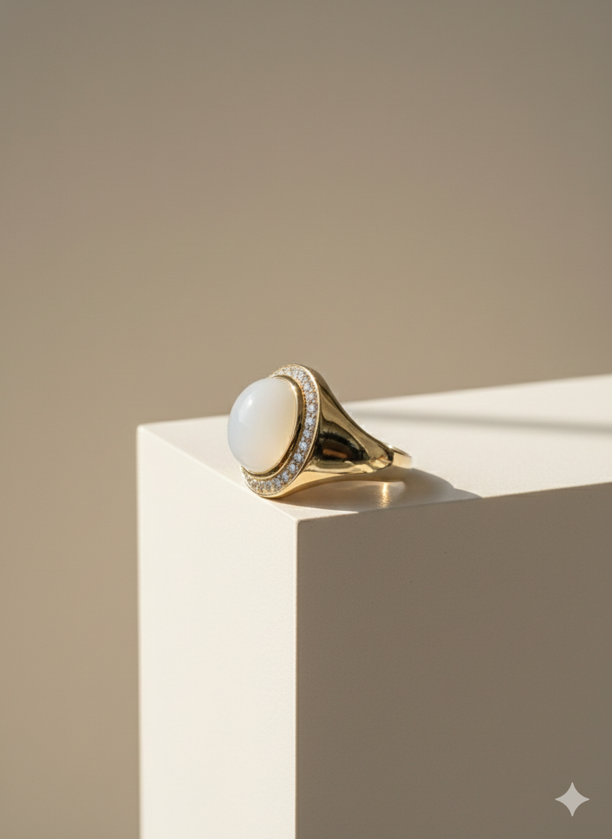 14krt geelgouden ring met maansteen en 0.33ct HSI diamant