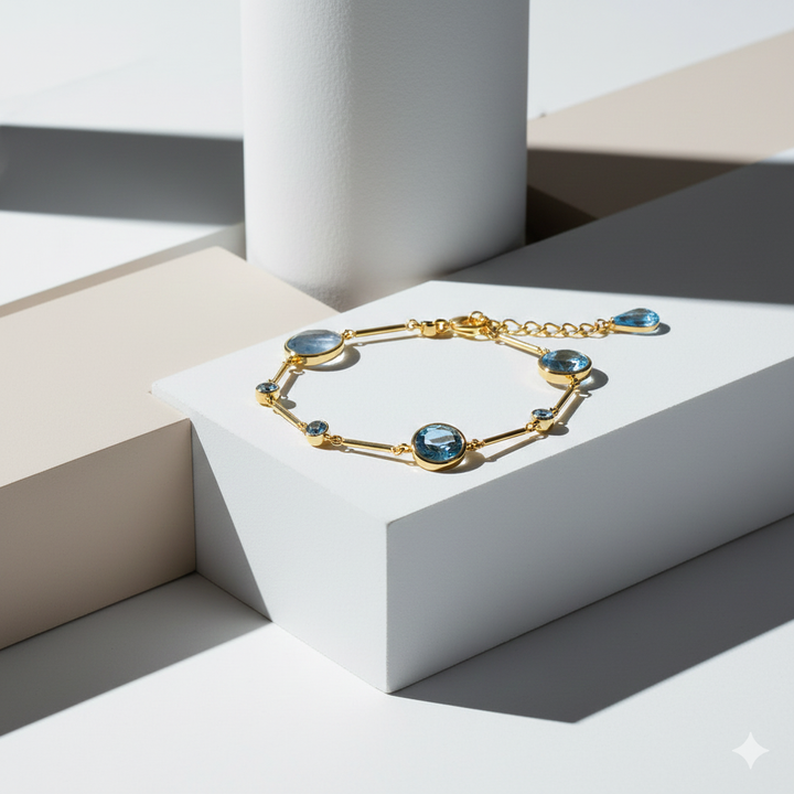 14krt geelgouden armband met london blue topaas en labradorite | 18cm