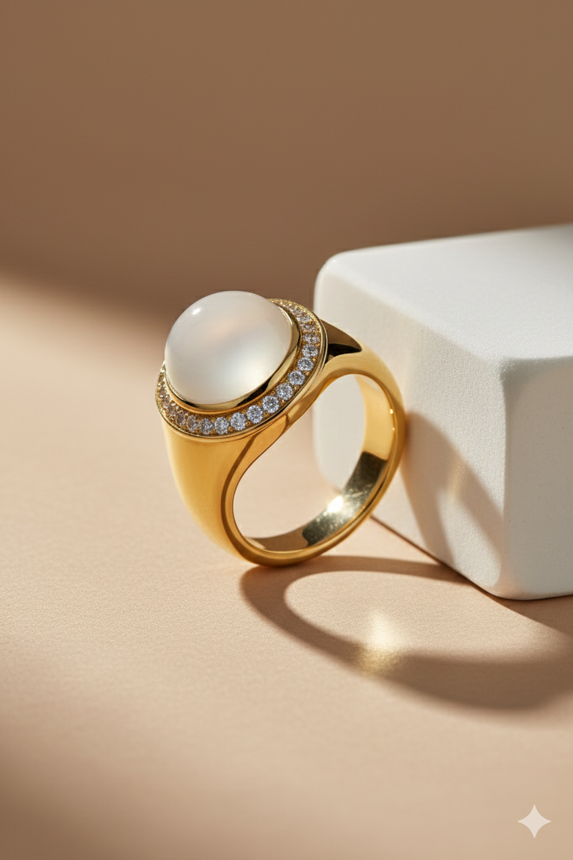 14krt geelgouden ring met maansteen en 0.33ct HSI diamant