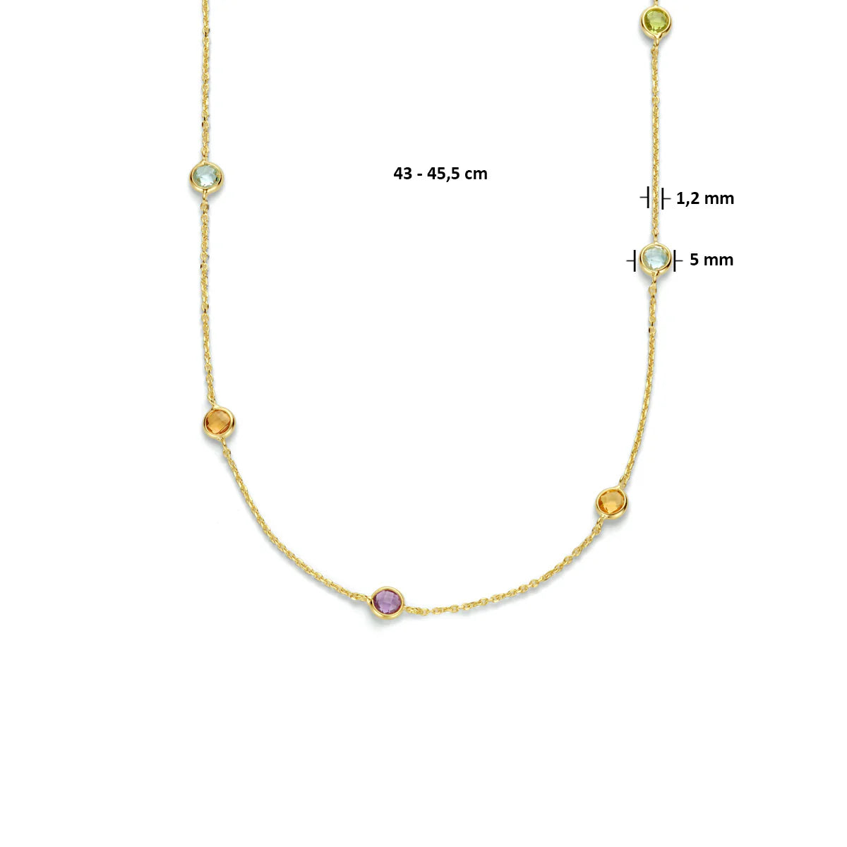 14krt geelgouden collier met peridoot, amethist en citrien | 45cm