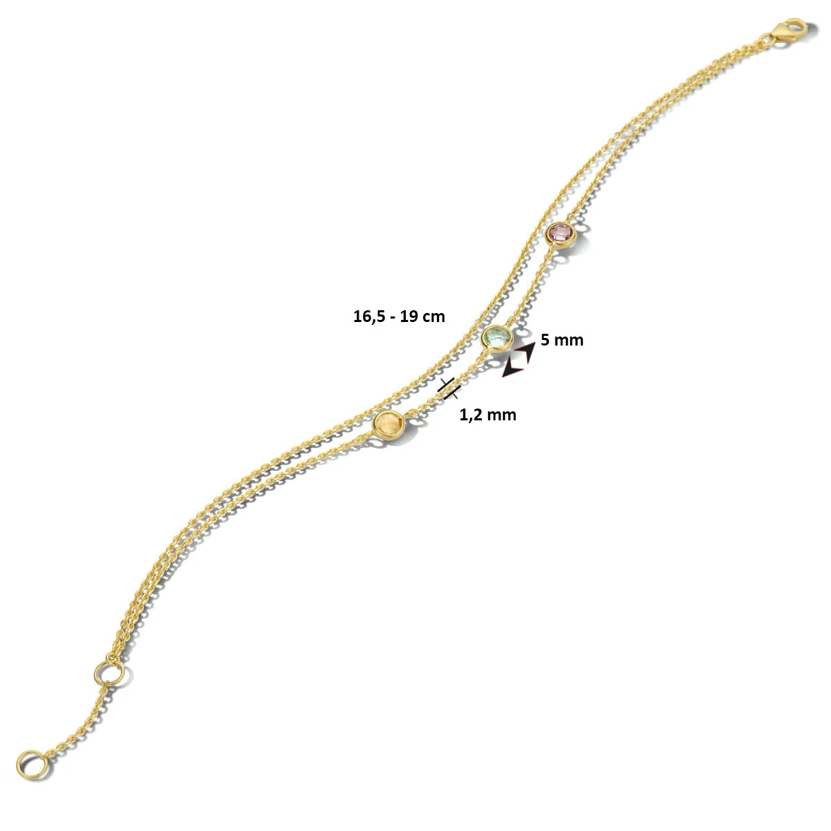 14krt geelgouden armband met citrien, amethist en blauw topaas 5mm | 16,5-19cm