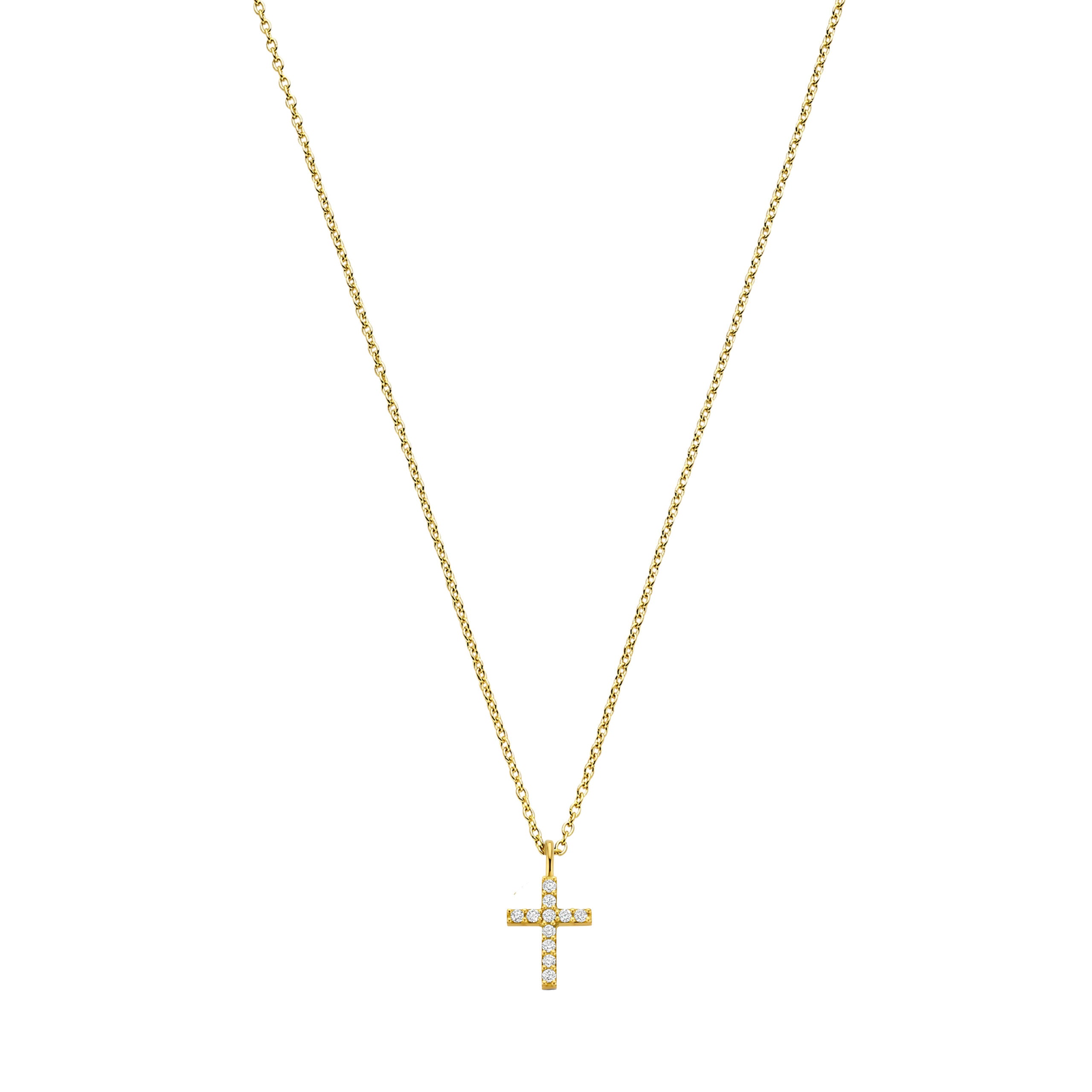 14krt geelgouden collier met kruisje in diamant 0.11ct HSI - 41-43-45cm - Hang Cross Pavé wit